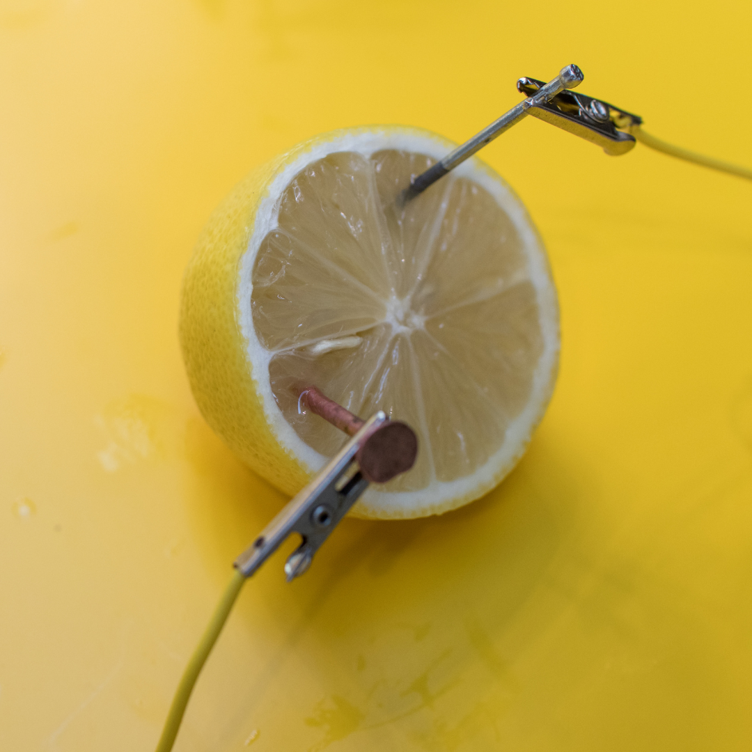 A lemon, cut in half, with electrodes coming out of it