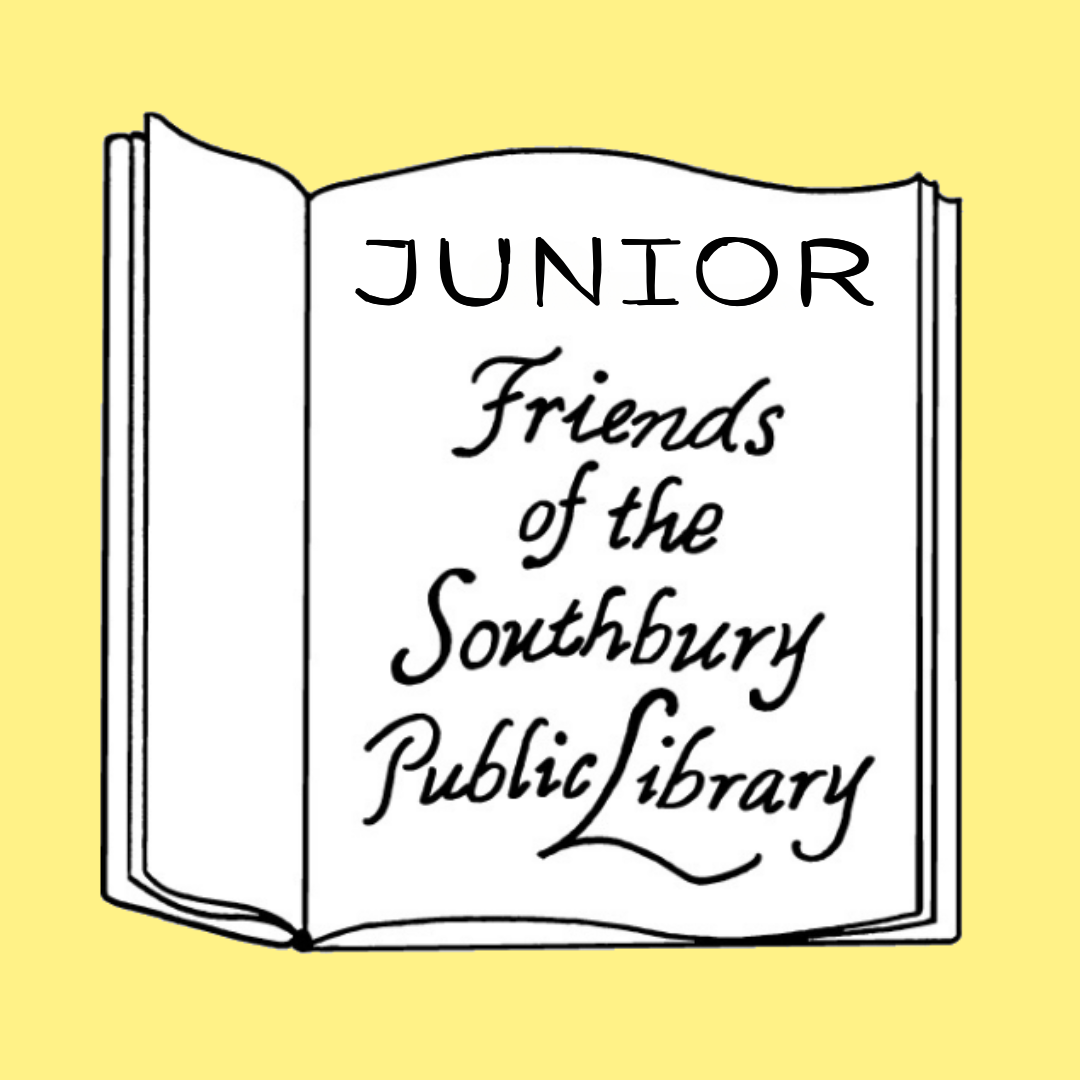 A yellow background with the Junior Friends Logo- an open book with the text "Junior Friends of the Southbury Public Library"
