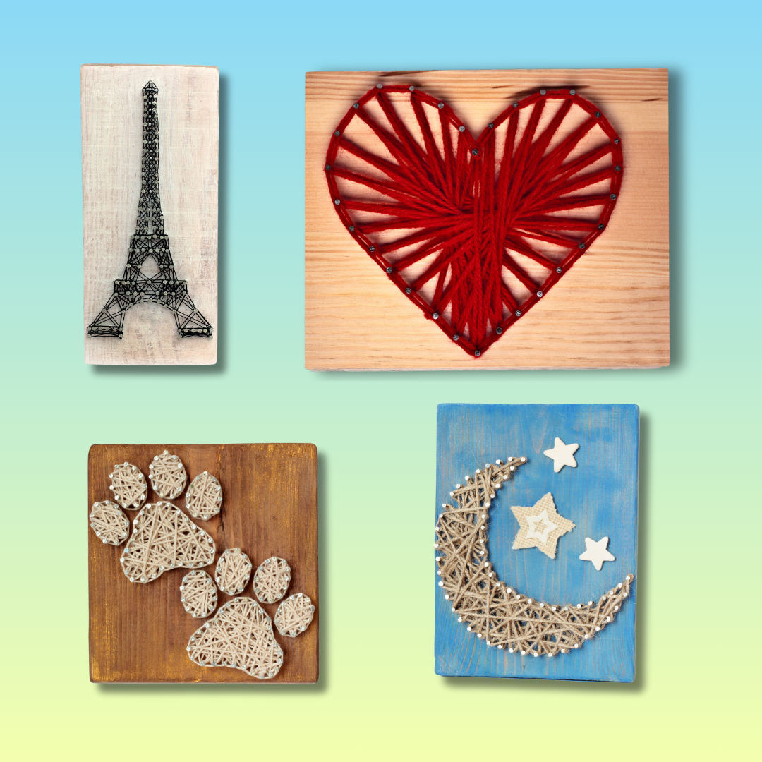 Examples of string art (a heart, the Eifel Tower, paws, and a moon)