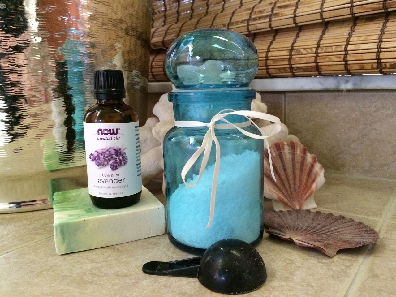 Image of homemade bath salts and lavender essential oil