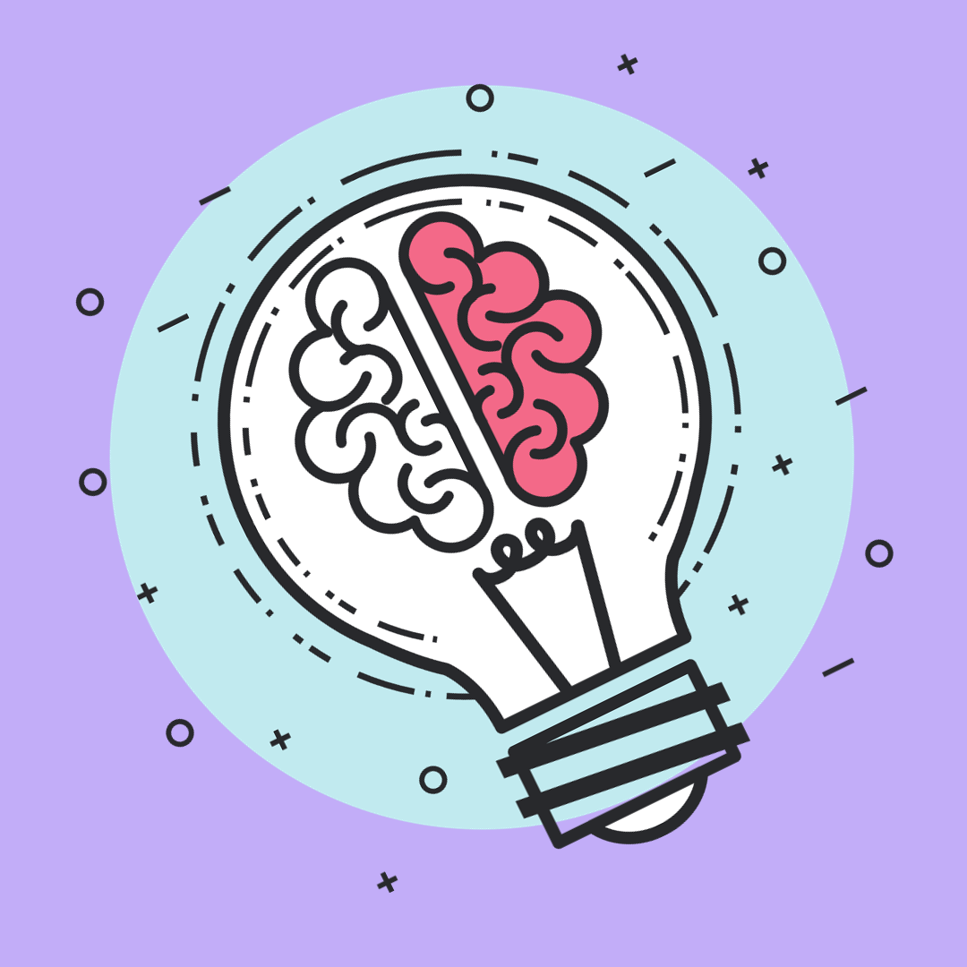 A blue and pink doodle of a brain inside a lightbulb on a purple background