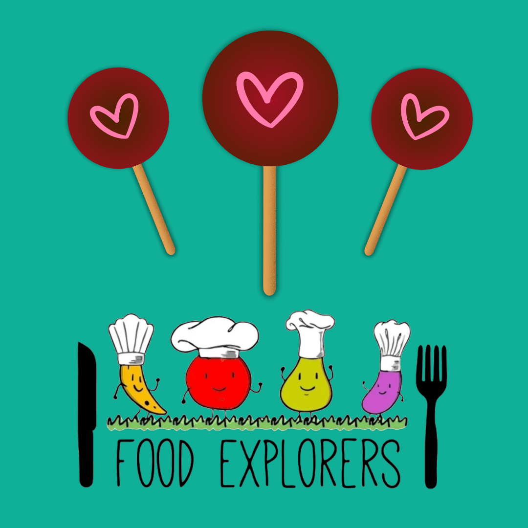 Three brown and pink cake pops on a teal background with the Food Explorers logo: a fork and knife above smiling vegetables in chef hats