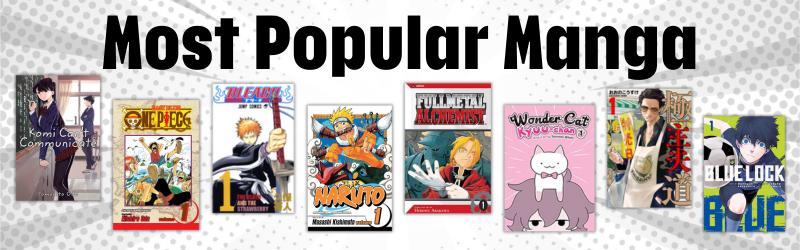 A white slide with the text "Most Popular Manga" and pictures of popular manga covers