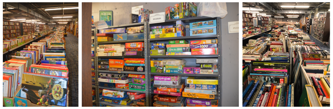 Grouped pictures of items in the book sale, featuring rows of books and board games.