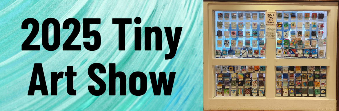 A picture of the 2025 Tiny Art Show: 132 mini canvases are mounted in four large windows. The slide also includes the text "2025 Tiny Art Show" on an abstract blue paint background.