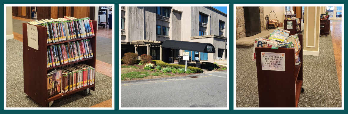 A teal slide with three pictures: the Heritage Hotel awning closest to the library area and two carts of books: one for children, one for adults.