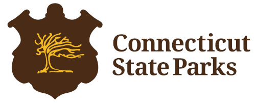 "Connecticut State Parks" in a brown, serif font next to the logo for CT State Parks: A brown shield with a tree blowing in the wind on it.