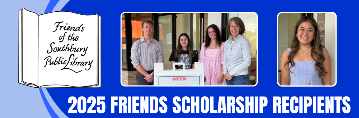 A blue slide with pictures of 2025's Friends Scholarship Recipients, the Friends Logo, and the text "2025 Friends Scholarship Recipeints"
