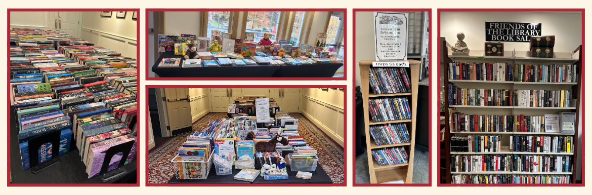 Five pictures featuring different sections of the Friends Lobby Sale. A mix of tables and shelves displays books, puzzles, DVDs, and toys.