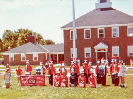 Image of Southbury Eagles Drum Corps in Front of Town Hall 1977