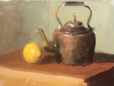 Painting of a teakettle and a lemon