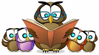 Storytime Toddler Time illustration depicting big owl reading to baby owls