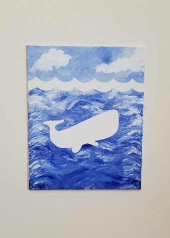 A blue painting of a whale with a white whale silhouette and wave line for the sea top