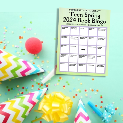 A teal background with party hats and confetti and a picture of a book bingo card