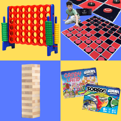 A picture of four giant games: Giant connect 4, giant checkers, giant jenga, giant candyland, giant sorry