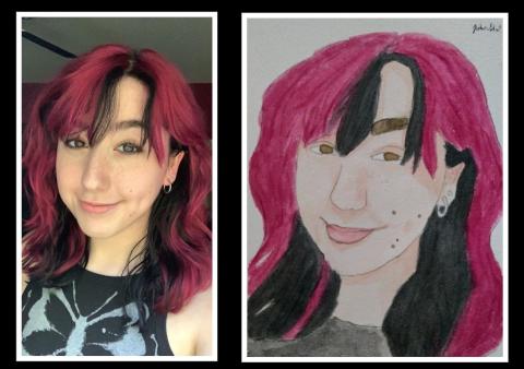 An example of a selfie turned into a portrait, featuring a teen with magenta and black hair smiling at the viewer.