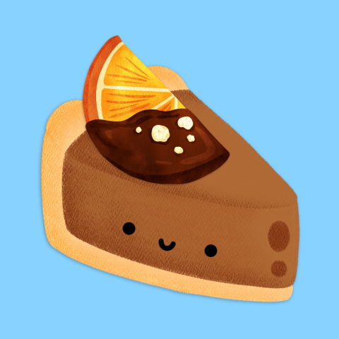 illustration of a smiling piece of chocolate pie with an orange slice on top