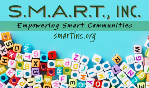 SMART Inc logo over a blue background of beads with letters on them