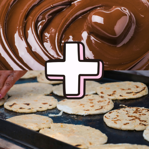 A picture of melted chocolate and a picture of pupusas on a griddle with a plus sign connecting them.