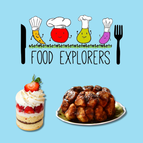 Food Explorers Logo and a picture of baked desserts