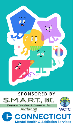 Assorted anthropomorphized shapes and sponsoring organization logos