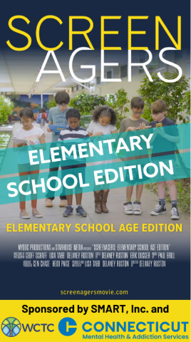 The poster for Screenagers, Elementary School Edition featuring text about the movie and a diverse group of elementary school aged children staring down at their phones.