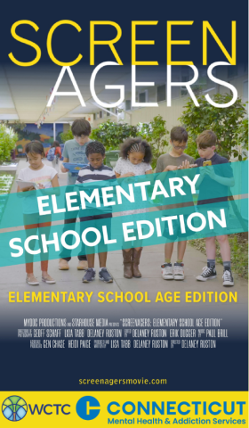 The poster for Screenagers, Elementary School Edition featuring text about the movie and a diverse group of elementary school aged children staring down at their phones.