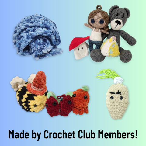 Sample of crochet plushies and blankets made by teen crochet club members.
