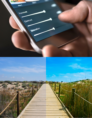 A picture of the beach before and after image editing, along with a picture of image setting sliders.