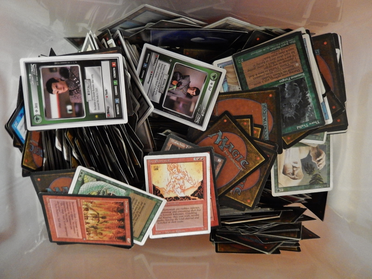A box filled with cards from Magic the Gathering