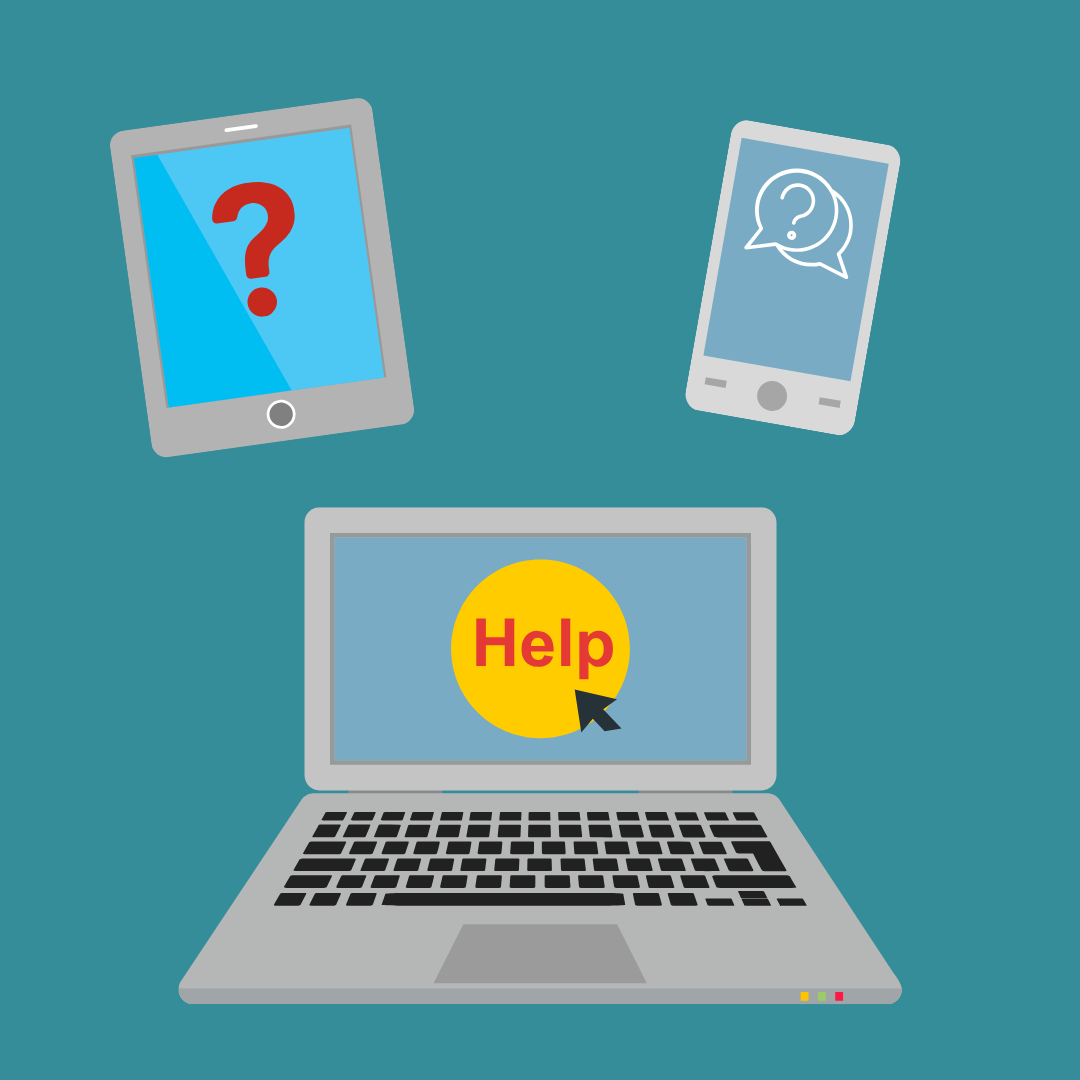 A teal background overlaid with images of a computer, tablet, and smartphone.