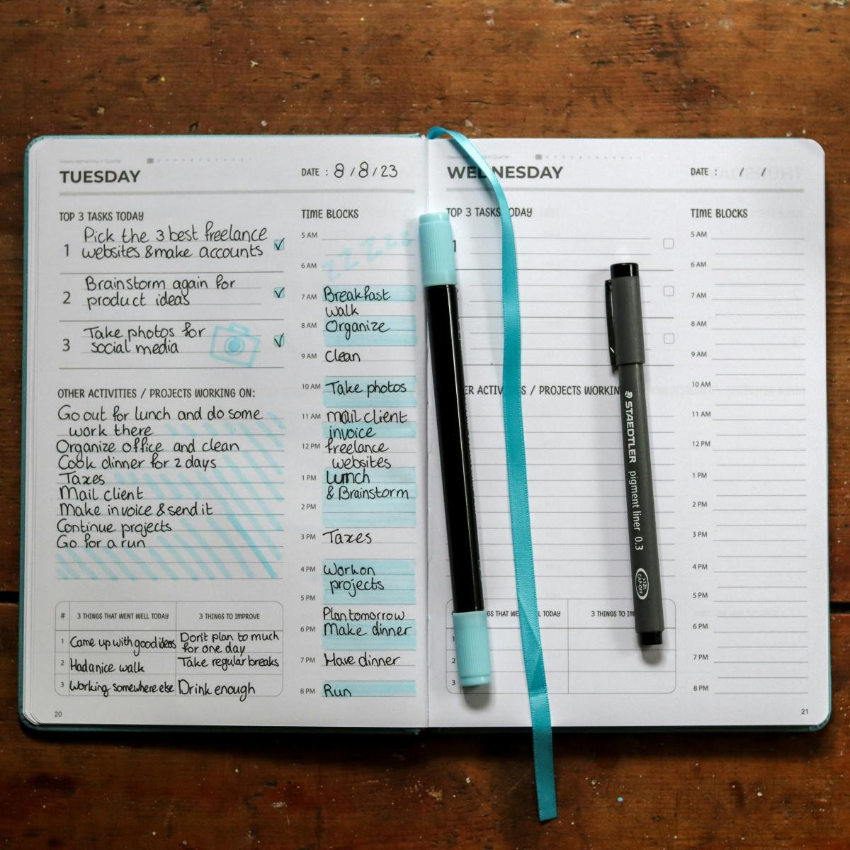 An open planner on a desktop