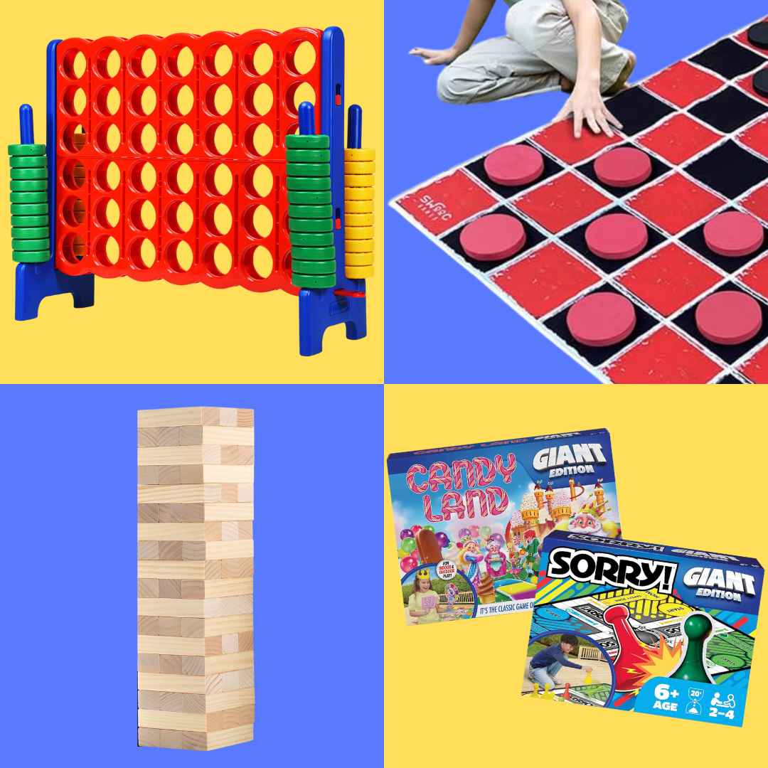 A grid displaying some of the giant games: Connect Four, Checkers, Jenga, Candy Land, and Sorry