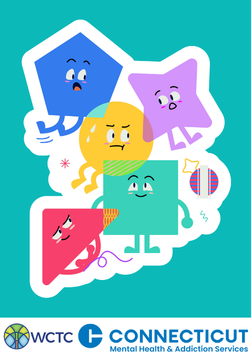 Assorted anthropomorphized shapes and sponsoring organization logos