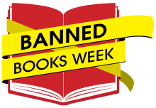 The text "Banned Books Week" over an image of a red book wrapped in yellow caution tape