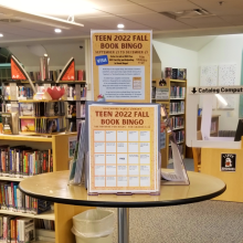 A picture of where the book bingo cards are in the library