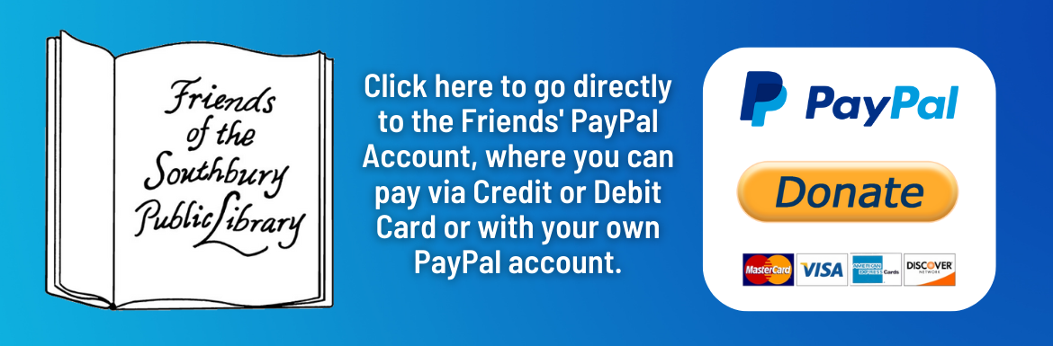 A blue slide with the text "Click here to go directly to the Friends' PayPal Account, where you can pay via Credit or Debit Card or with your PayPal Account." Their logo and the PayPal logo are also displayed.
