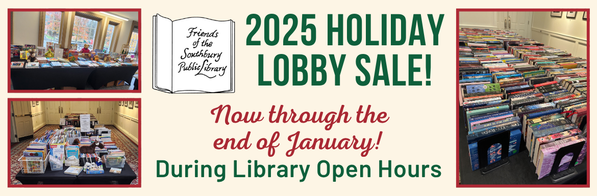 A slide with the Friends logo and the text "2025 Holiday Lobby Sale, Now through the end of January! During Library Open Hours." with pictures of items the Friends have for sale.